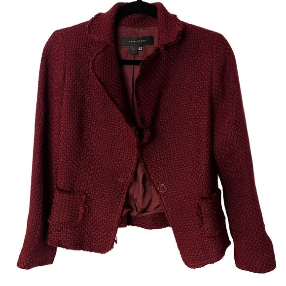 Zara Maroon Button Preppy Frayed Crop Blazer Jacket Size 8 - Picture 1 of 7